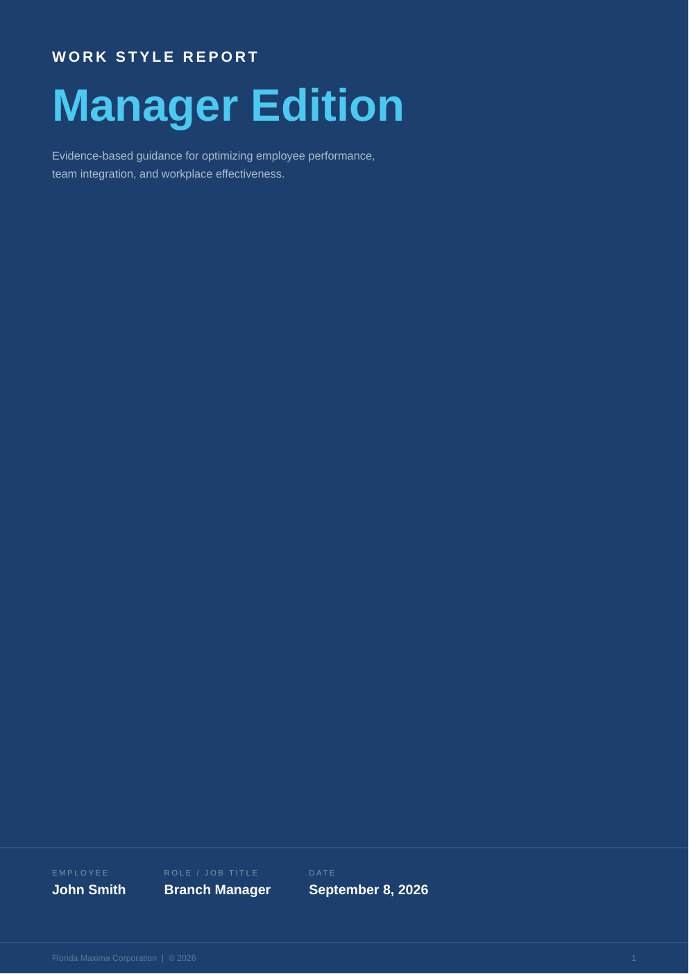 Original navy cover of the Work Style Report, Manager Edition, for John Smith, Branch Manager, dated September 8, 2026.